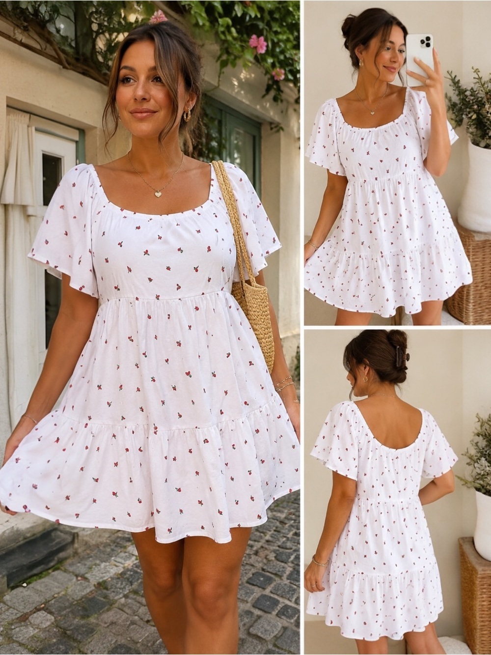 SO Strawberry Embroidered Tiered Mini Dress White Cottagecore Flutter Sleeve 2X